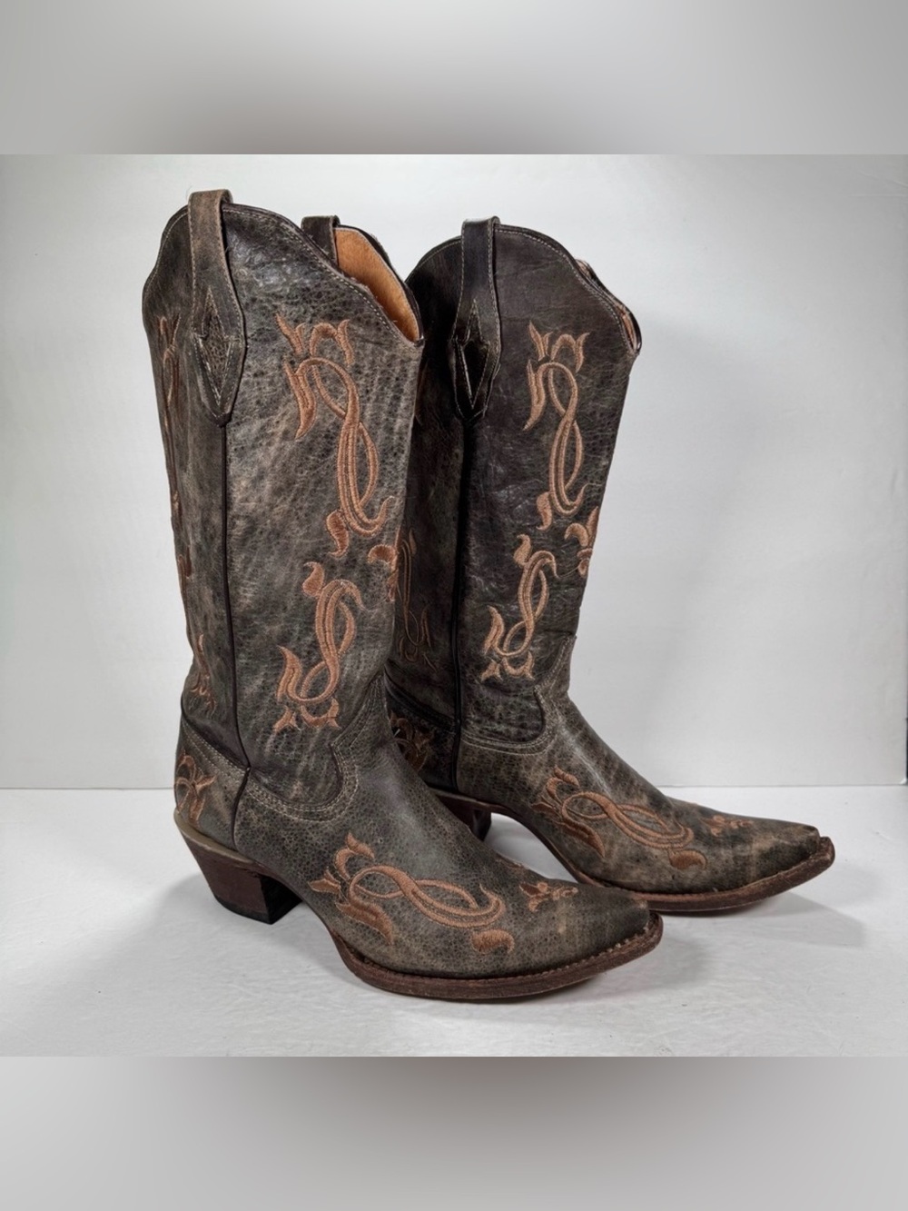 Tanner Mark Brown Leather Embroidered Snip Toe Western Cowgirl Boots Size 10